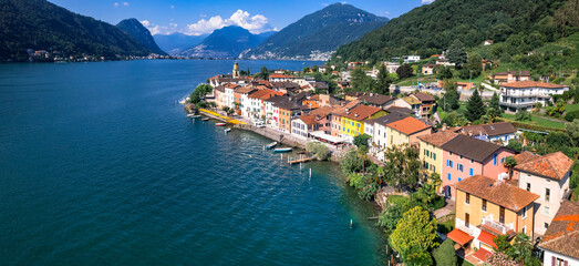 Switzerland scenic places, Lugano lake, beautiful colorful village Brusino Arsizio (canton Ticino)...