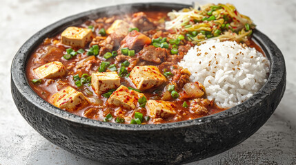Korean_tofu_stew_with_rice_and_vegetables,_served_sizzling_on_a_stone_plate.