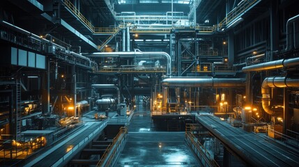 Fototapeta premium Industrial Plant Interior Pipes, machinery, energy, production, nighttime, complex, steel, infrastructure, process, manufacturing