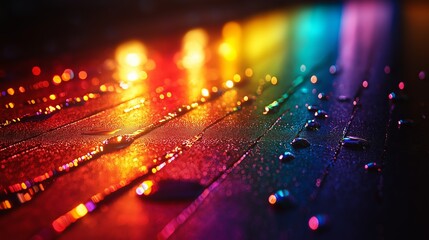 Fototapeta premium Colorful reflections of raindrops on dark surface abstract photography indoor environment close-up view