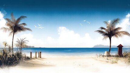 Obraz premium Serene beach scene with palm trees, ocean, and distant islands under a blue sky.