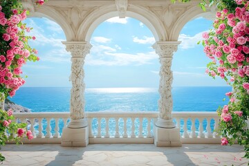 Fototapeta premium Elegant Balcony with Pink Roses and Ocean View