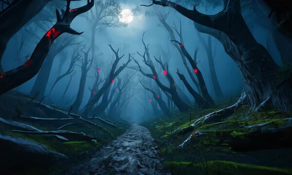 Haunted Foggy Forest Dark And Mysterious Woods With Ominous Glow
