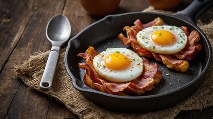 Delicious Hearty Breakfast in a Rustic Kitchen with Fried Eggs and Crispy Bacon