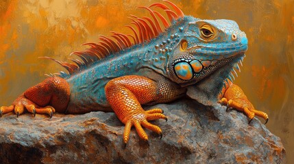 Fototapeta premium A colorful iguana basking on a rock in the bright sunlight