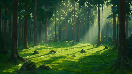 Obraz premium Sunbeams Filtering Through a Lush Green Forest