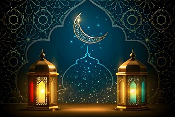 Ramadan Kareem Festive Background with Golden Lanterns and Crescent Moon