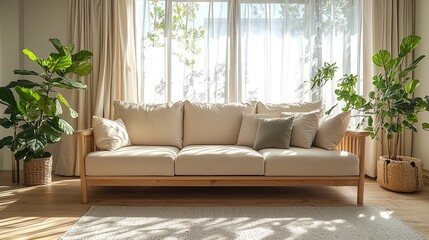 Beige Sofa In Sunlit Room With Plants