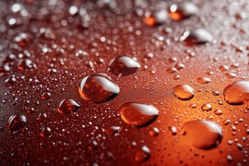 Water droplets create a mesmerizing pattern on an orange surface at a close distance