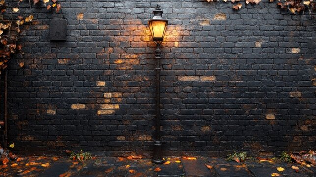 Autumnal brick wall, lit lamppost, fallen leaves