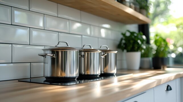 Sunlight streams into a cozy kitchen, accentuating gleaming pots on the counter and infusing warmth and homeliness into the space.