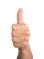 Elderly woman's wrinkled hand showing thumbs-up gesture, symbol of approval, success, and satisfaction, positive body language expression. Isolated on white background.
