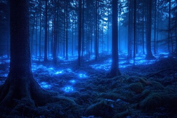 Obraz premium Enchanting blue forest at night, mystical glow, fantasy background, ideal for game design