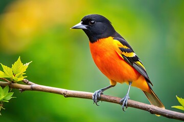 Obraz premium Radiant Baltimore Oriole perched gracefully on a branch, showcasing its vibrant plumage in a natural wildlife scene.