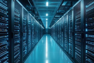Data center server room corridor, glowing lights, technology infrastructure, network security