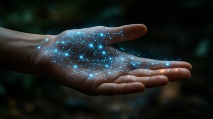 Fototapeta premium Digital connections illuminating data patterns in hand nature background conceptual visualization