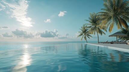 Tranquil turquoise waters infinity pool and tropical paradise view on a sunny day