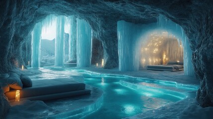 Glacial cave luxury hotel suite, icy waterfall backdrop, romantic retreat