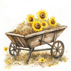 Watercolor sunflowers and hay evoke rustic warmth and beauty