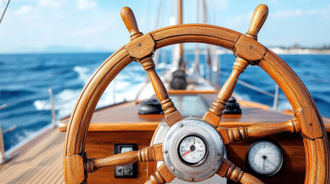 close up of ship wheel and navigation instruments on boat