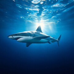 Obraz premium High-resolution stock photo a great white shark gracefully gliding through the water, sunlight creating a radiant glow around it, dynamic composition emphasizing movement
