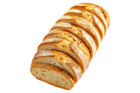Sliced loaf of Multigrain bread topped with oats and almonds, isolated on white transparent background.