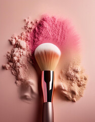 Cosmetic brush with pink and beige powder. Beauty essentials, makeup tools. Flat lay, top view