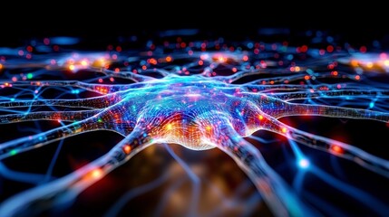 Abstract representation of interconnected neurons with vibrant colors and glowing lights.
