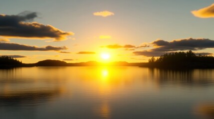 Obraz premium A serene sunset over a calm lake, reflecting warm colors and silhouettes.