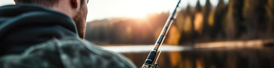 Naklejka premium Man Fishing at Sunset Lake