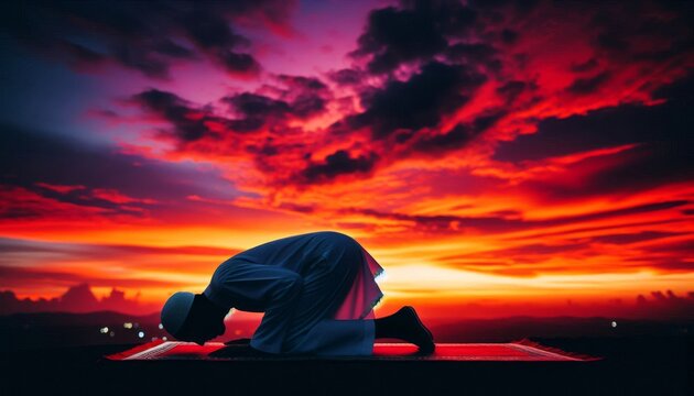 silhouette of someone bow down and worship after shalat with red sky as a background