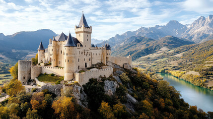 majestic castle on hill surrounded by mountains and river, showcasing medieval architecture
