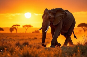 Fototapeta premium A Majestic Kenyan Elephant Walking Through Golden Savanna Grasslands. World Wildlife Day