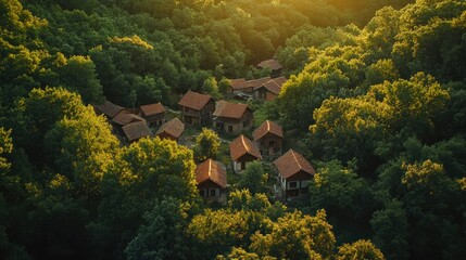 Fototapeta premium Sunset aerial view of rural village nestled in lush forest