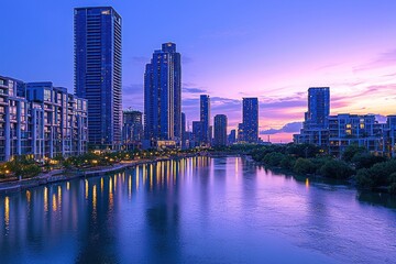Fototapeta premium Cityscape twilight riverfront condos sunset reflections
