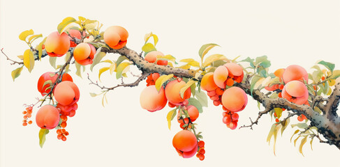 Fototapeta premium Colorful fruit paintings, orange, red. Watercolor paintings of fruits.