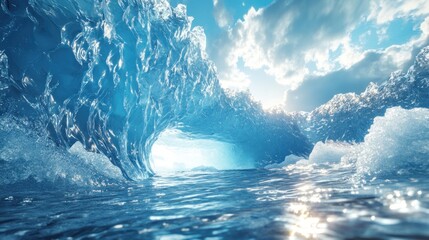 Fototapeta premium Glacial archway, ocean entrance, sunlight, icy landscape, arctic backdrop, travel brochure