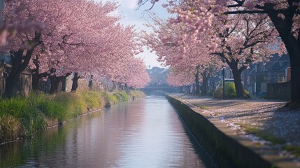 Cherry blossoms line canal, spring sunrise, Japan, petal path