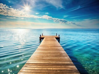Tranquil ocean scene: a serene wooden dock stretches peacefully into calm waters.