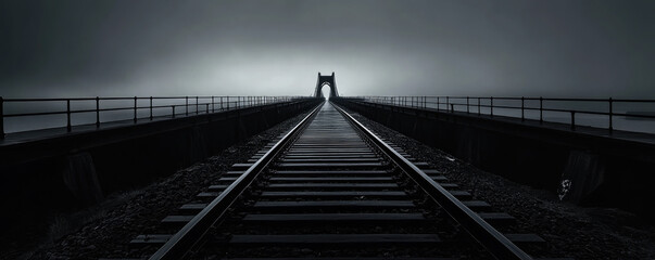 Dark railway tracks, foggy atmosphere, silhouette figure in distance, eerie landscape, vanishing point perspective, monochromatic, moody lighting, mysterious, ominous, solitary, abandoned, cinematic, 