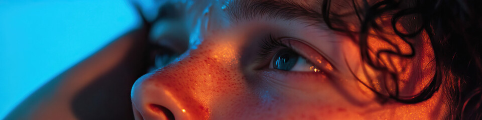 Close-up Portrait: Face with Freckles, Illuminated by Orange and Blue Light
