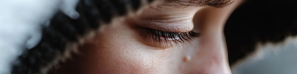 Obraz premium Close-up of Eye and Partial Face with Dark Clothing