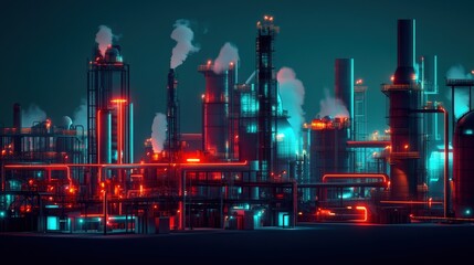 A cyberpunk-inspired industrial district at night, with glowing red and teal neon signage illuminating a high-tech manufacturing plant 