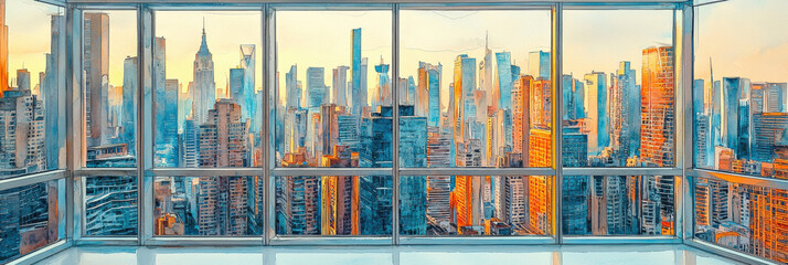 Obraz premium Cityscape_vista_with_a_vibrant_sunset_sky,_viewed_through_modern_office_windows.