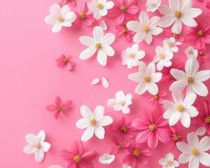 Fototapeta premium Pink Springtime Floral Background, High-Definition Image of White and Pink Petals on Pink Surface