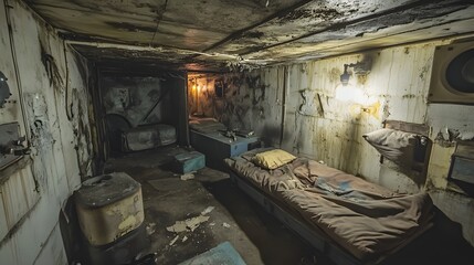 Abandoned Underground Bunker City with Flickering Emergency Lights and Survival Gear