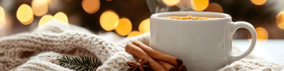 Spiced Beverage in Mug with Cinnamon Sticks, Star Anise, and Knitted Throw