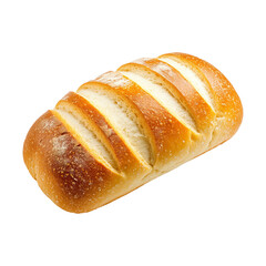 A fresh loaf of white bread showing its golden crust and soft interior, isolated on white transparent background.