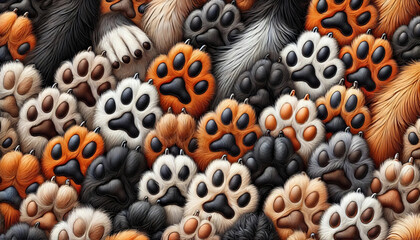 Digital Illustration Of Various Furry Animal Paws In Different Colors, Symbolizing Pet Love, Animal Care, Veterinary Services, Pet Shops, Adoption Campaigns, And Animal Rights Awareness.