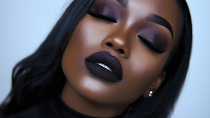 Close-up beauty portrait of woman wearing dramatic black lipstick and purple eyeshadow, professional makeup artistry featuring dark glamour and contemporary gothic aesthetic